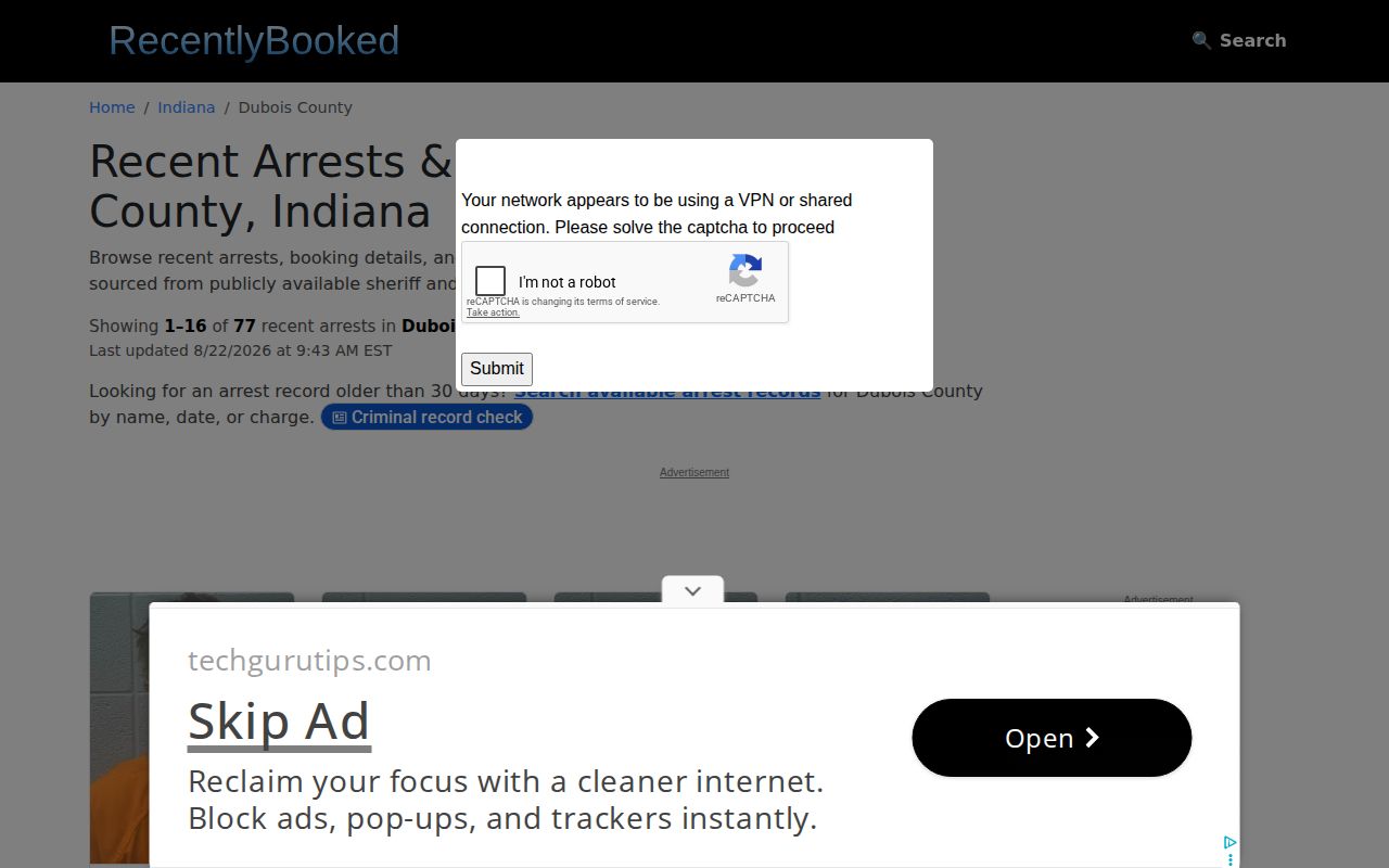 Dubois County recent booking archive window on RecentlyBooked
