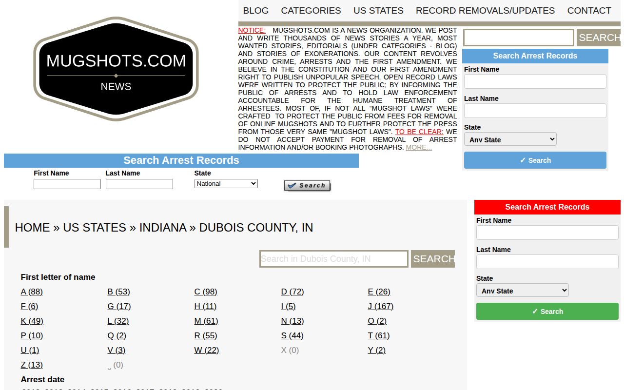 Dubois County historical mugshot index on Mugshots.com
