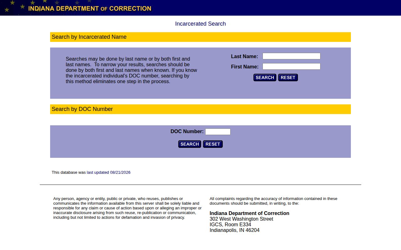 Indiana DOC offender record search for Dubois County sentenced custody