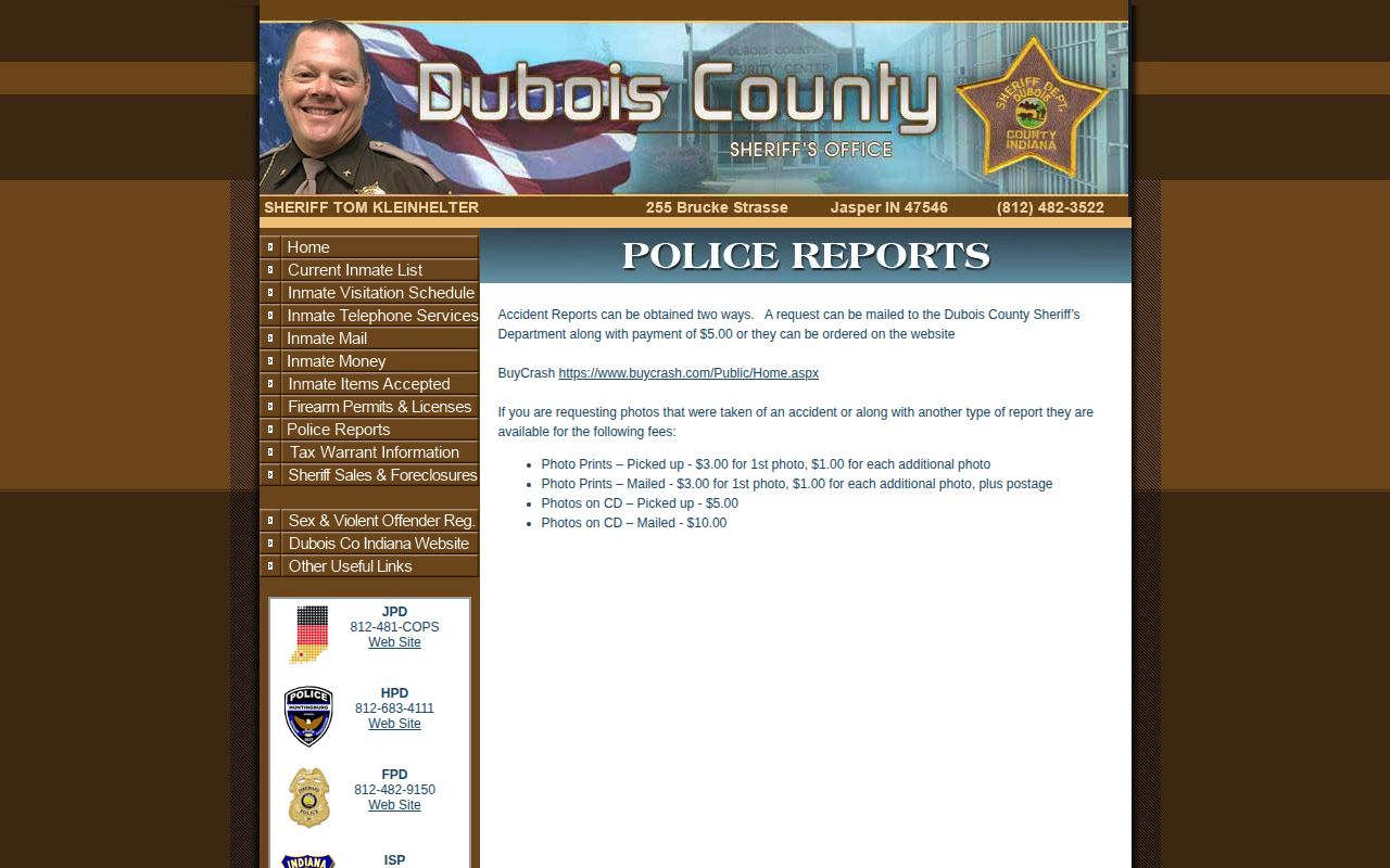 Dubois County sheriff booking record and report photograph fee information